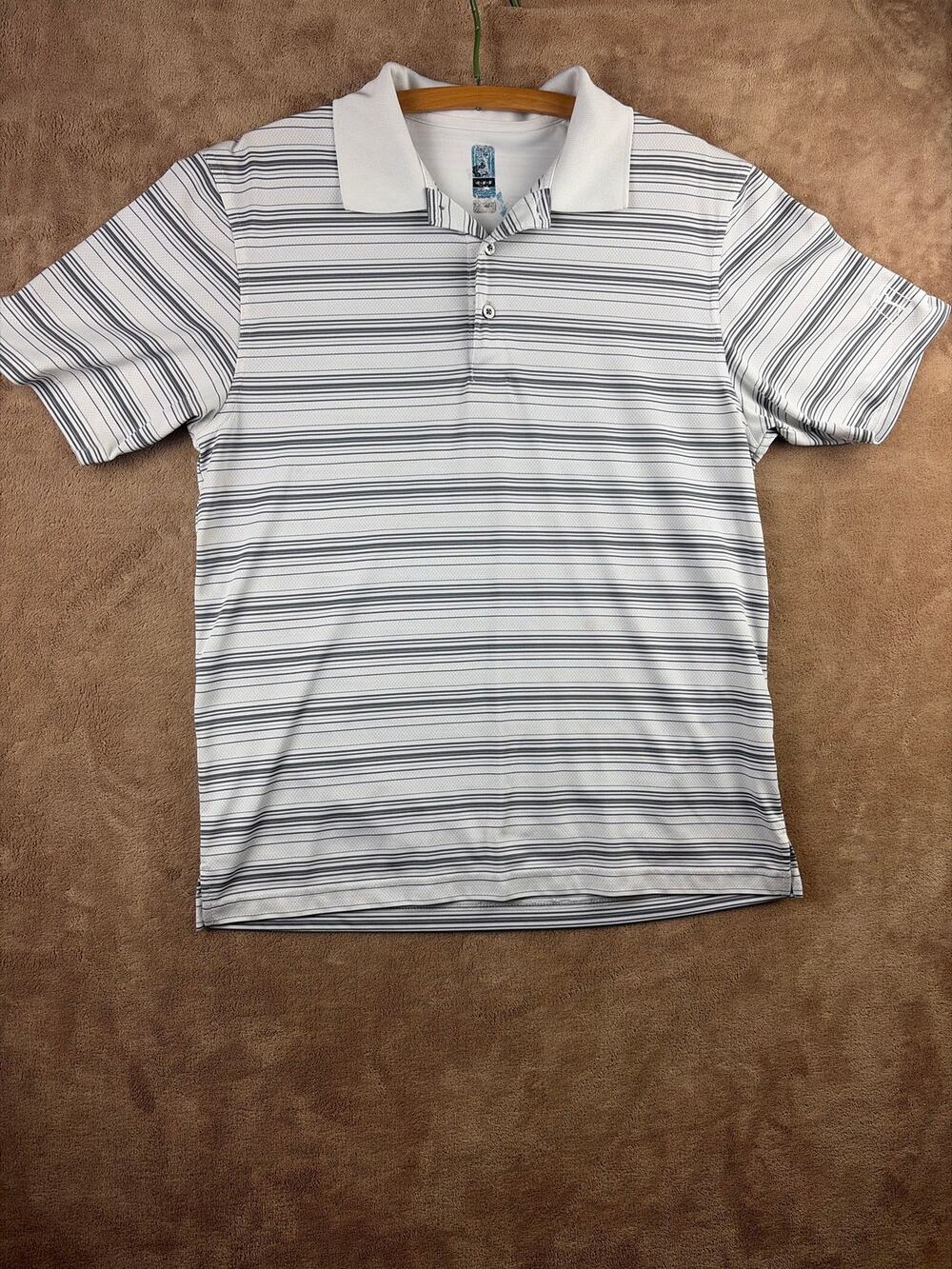 Nike Golf Tour Performance Shirt Mens M White Gray Striped Dri Fit Polo Short
